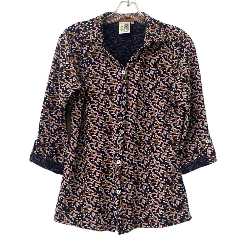 Weird Fish Ginny Organic Jersey Shirt Dark Navy Button Up 3/4 Sleeve Blouse Top